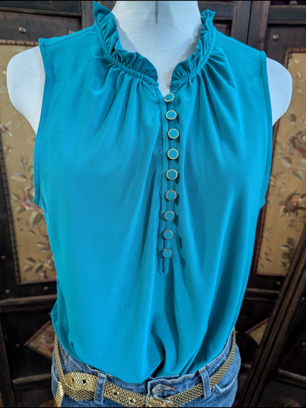 Elie Tahari Teal Ruffle-Neck Sleeveless Top Buttons Large L Casual Elegant Chic